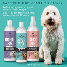 Load image into Gallery viewer, Made with aloe, coconut & oatmeal. Perfect for dogs with itchy and sensitive skin or allergies. Safe for all dog breeds and sizes, and puppies over 12 weeks. Made in USA. Bottles on teal background next to white doodle dog.