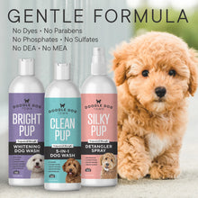 Load image into Gallery viewer, Gentle Formula, No dyes, No parabens, No phosphates, No sulfates, No DEA, No MEA, bottles next to little doodle puppy