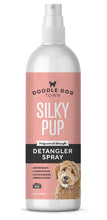 Load image into Gallery viewer, single white bottle of Doodle Dog Town Silky Pup Professional Strength Detangler Spray with pink label with goldendoodle dog on label