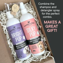 Load image into Gallery viewer, Bright Pup bottle and Silky Pup bottle in gift box with crinkle paper. Combine the shampoo and detangler spray for the perfect combo. Makes a great gift!