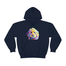 Load image into Gallery viewer, colorful Goldendoodle dog graphic on navy blue hoodie sweatshirt