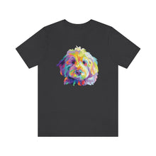 Load image into Gallery viewer, black t-shirt with colorful Goldendodle dog pop art graphic on front
