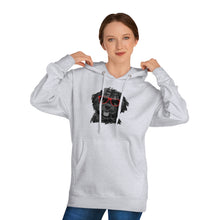 Load image into Gallery viewer, young girl with burnette hair tied back wearing light gray hoodie sweatshirt with both arms up holding the hood in a cute pose