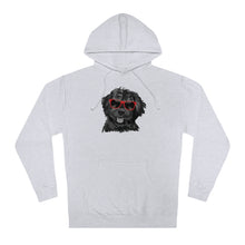 Load image into Gallery viewer, black bernedoodle dog with red sunglasess illustration on front of hoodie