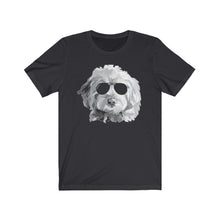 Load image into Gallery viewer, black t-shirt wtih black and white goldendoodle illustration. The dog is wearing black sunglasses.