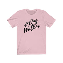 Load image into Gallery viewer, Black trendy script font That reads dog walker with to pause on the left side on a pink T-shirt