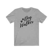 Load image into Gallery viewer, Black trendy script font That reads dog walker with to pause on the left side on a gray T-shirt

