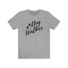 Load image into Gallery viewer, Black trendy script font That reads dog walker with to pause on the left side on a gray T-shirt