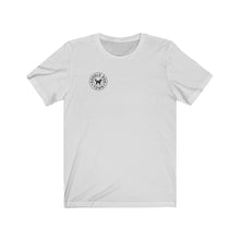 Load image into Gallery viewer, A small black logo of Doodle Dog Town which consists of a circle with the words inside following the shape of the circle with a black silhouette of a doodle dog in the middle on a white t-shirt
