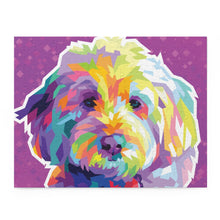 Load image into Gallery viewer, complete puzzle put together of a bright colorful Goldendoodle dog face
