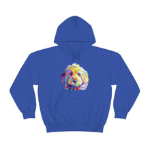 Load image into Gallery viewer, colorful Goldendoodle dog graphic on royal blue hoodie sweatshirt
