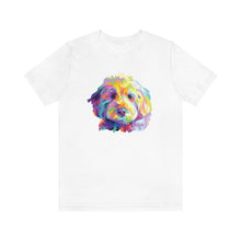 Load image into Gallery viewer, white t-shirt with colorful Goldendodle dog pop art graphic on front