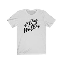 Load image into Gallery viewer, Black trendy script font That reads dog walker with to pause on the left side on a white T-shirt