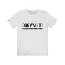 Load image into Gallery viewer, black text that reads "dog walker" in a cool Army-like font with A trail of paw prints inside a rectangle underneath the text on white T-shirt