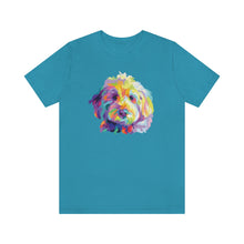 Load image into Gallery viewer, aqua blue colored t-shirt with colorful Goldendodle dog pop art graphic on front
