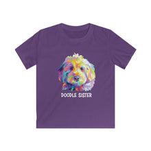 Load image into Gallery viewer, Adorable colorful illustration pop art of a golden doodle face with the words &quot;doodle sister&quot; in white underneath it on a purple kids T-shirt
