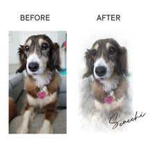 Load image into Gallery viewer, photo of black, white and tan dog "before" and then custom pet portrait "after" with cursive font reading Scacchi, the dog's name