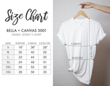 Load image into Gallery viewer, size chart for bella + canvas 3001 unisex jersey t-shirt containg size, width, chest and length. photo of girl holding white shirt from wooden hanger with arrows of measurement