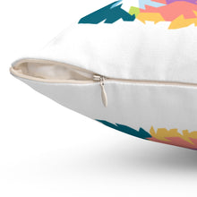 Load image into Gallery viewer, close up of zipper slightly open on white throw pillow showing colorful graphics on both sides
