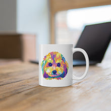 Load image into Gallery viewer, colorful Cavapoo dog pop art illustration on white ceramic wooden table with blurred laptop behind it
