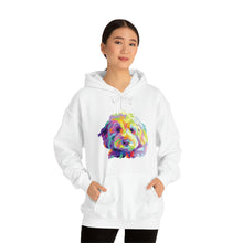 Load image into Gallery viewer, colorful Goldendoodle dog graphic on white hoodie sweatshirt worn by asian woman with hands in her pockets