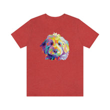 Load image into Gallery viewer, red colored t-shirt with colorful Goldendodle dog pop art graphic on front
