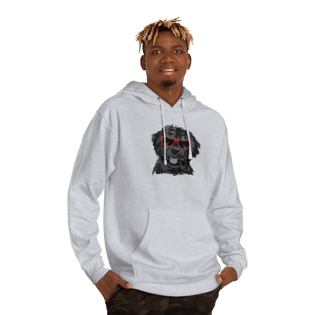 oung african american man wearing light gray hoodie sweatshirt with both hands in his pockets. He's wearing camo pants and there is a black dog illustrations with red sunglasses on the front of the hoodie.