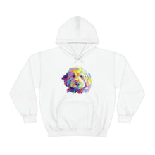 Load image into Gallery viewer, colorful Goldendoodle dog graphic on white hoodie sweatshirt