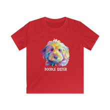 Load image into Gallery viewer, Adorable colorful illustration pop art of a golden doodle face with the words "doodle sister" in white underneath it on a red kids T-shirt