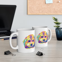 Load image into Gallery viewer, colorful Cavapoo dog pop art illustration on two white ceramic mugs sitting on office desk
