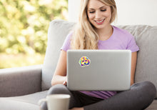 Load image into Gallery viewer, Beautiful blond girl holding computer with Colorful Cavapoo Dog Sticker on back of silver laptop