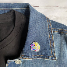 Load image into Gallery viewer, colorful goldendoodle bernedoodle dog acrylic pin on blue jean jacket collar
