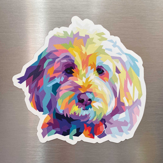 colorful goldendoodle bernedoodle labradoodle dog magnet on fridge