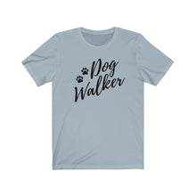 Load image into Gallery viewer, Black trendy script font That reads dog walker with to pause on the left side on a blue/gray T-shirt
