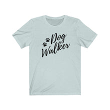 Load image into Gallery viewer, Black trendy script font That reads dog walker with to pause on the left side on a light blue T-shirt
