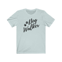 Load image into Gallery viewer, Black trendy script font That reads dog walker with to pause on the left side on a light blue T-shirt