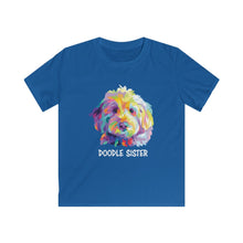 Load image into Gallery viewer, Adorable colorful illustration pop art of a golden doodle face with the words &quot;doodle sister&quot; in white underneath it on a royal blue kids T-shirt
