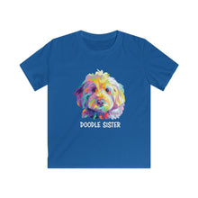 Load image into Gallery viewer, Adorable colorful illustration pop art of a golden doodle face with the words "doodle sister" in white underneath it on a royal blue kids T-shirt
