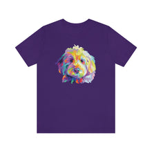 Load image into Gallery viewer, purple colored t-shirt with colorful Goldendodle dog pop art graphic on front