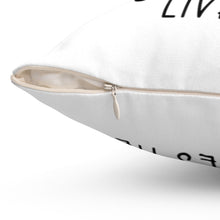 Load image into Gallery viewer, Close of photo of zipper slightly opened on white polyester square throw pillow that reads A Spoiled Doodle Lives Here in black script font with two little paws