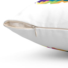 Load image into Gallery viewer, close up of zipper slightly open on square white pillow with pop art illustration visible on both sides