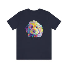 Load image into Gallery viewer, dark navy blue colored t-shirt with colorful Goldendodle dog pop art graphic on front
