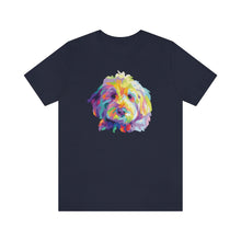 Load image into Gallery viewer, dark navy blue colored t-shirt with colorful Goldendodle dog pop art graphic on front