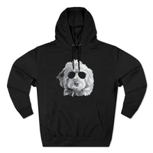Load image into Gallery viewer, black hoodie sweatshirt with black and white illustration of goldendoodle dog with black sunglasses on front