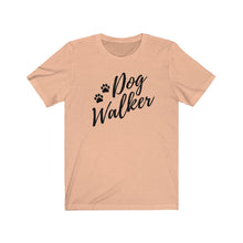 Load image into Gallery viewer, Black trendy script font That reads dog walker with to pause on the left side on a peach colored T-shirt