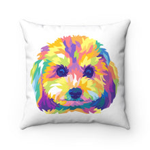 Load image into Gallery viewer, colorful and bright dog illustration on a square white throw pillow. Dog resembles a cavapoo or cockapoo or Goldendoodle or Labradoodle type of dog