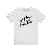 Load image into Gallery viewer, Black trendy script font That reads dog walker with to pause on the left side on a white T-shirt