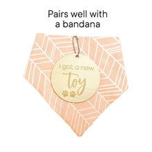Load image into Gallery viewer, puppy milestone that reads &quot;I got a new toy&quot; on top of a coral colored dog bandana with text above that says &quot;Pairs well with a bandana&quot;
