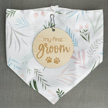 Load image into Gallery viewer, my first groom puppy milestone lying on top of floral dog bandana
