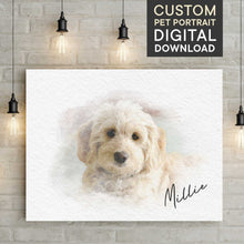 Load image into Gallery viewer, custom watercolor print on white canvas on white brick wall with hanging Edison lights